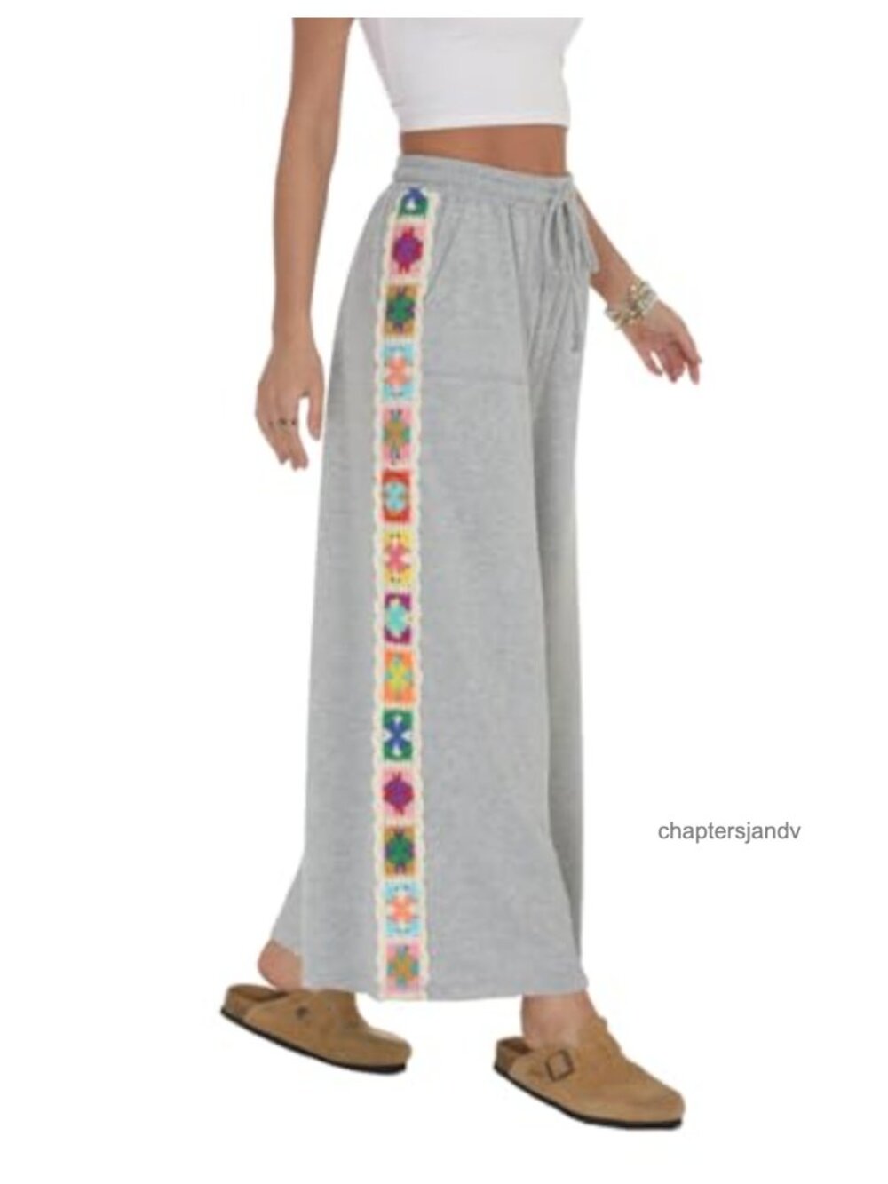 Womens Wide Leg Sweatpants Crochet Detail High Waist Lounge Pants